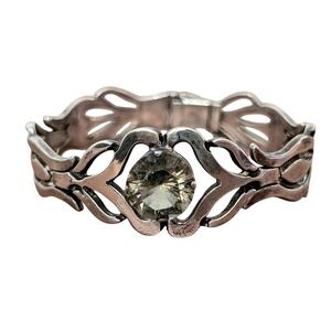 Vintage Taxco‎ Eagle Mexican Sterling Silver Smoky Quartz Hinged Bangle Bracelet